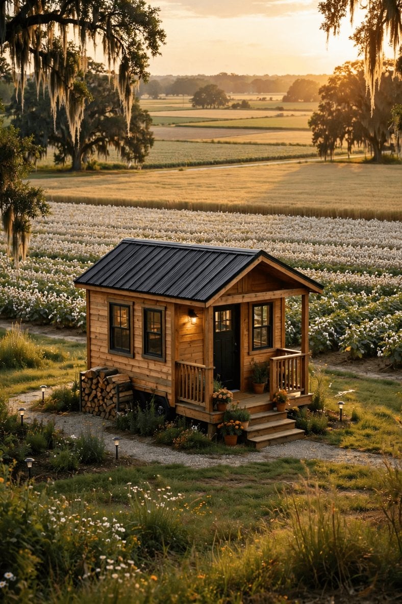 Tiny house laws in Georgia — rural Georgia land with a tiny house on a foundation near pine woods