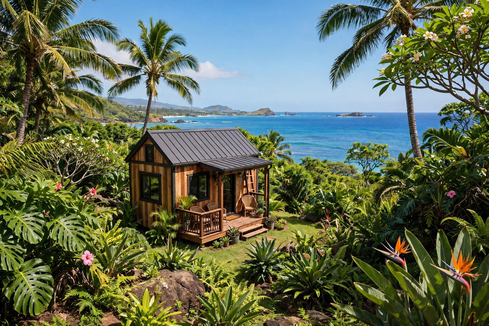 Tiny house laws in Hawaii — a small island cottage home beneath green Hawaiian hills