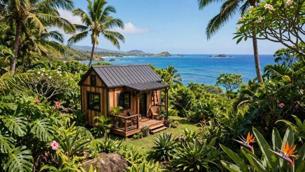 Tiny house laws in Hawaii — a small island cottage home beneath green Hawaiian hills