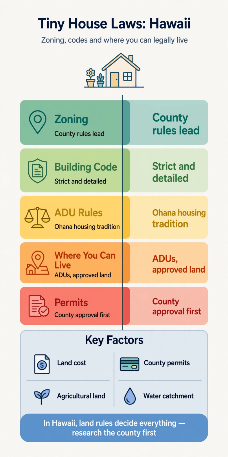 Tiny house laws in Hawaii — infographic summary of county zoning, building codes and legal places to live