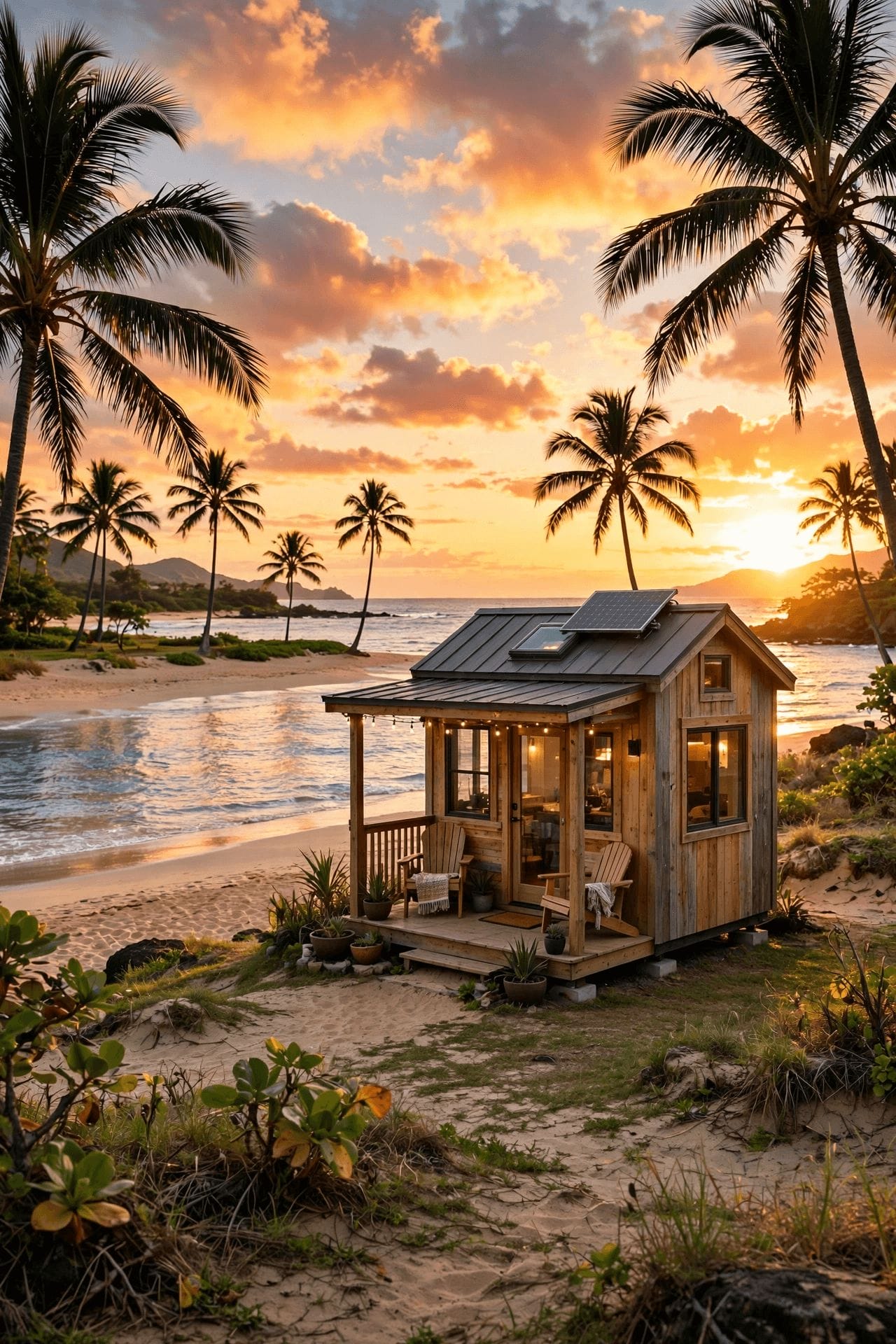 Tiny house laws in Hawaii — tiny home on island land with rainwater catchment and solar panels