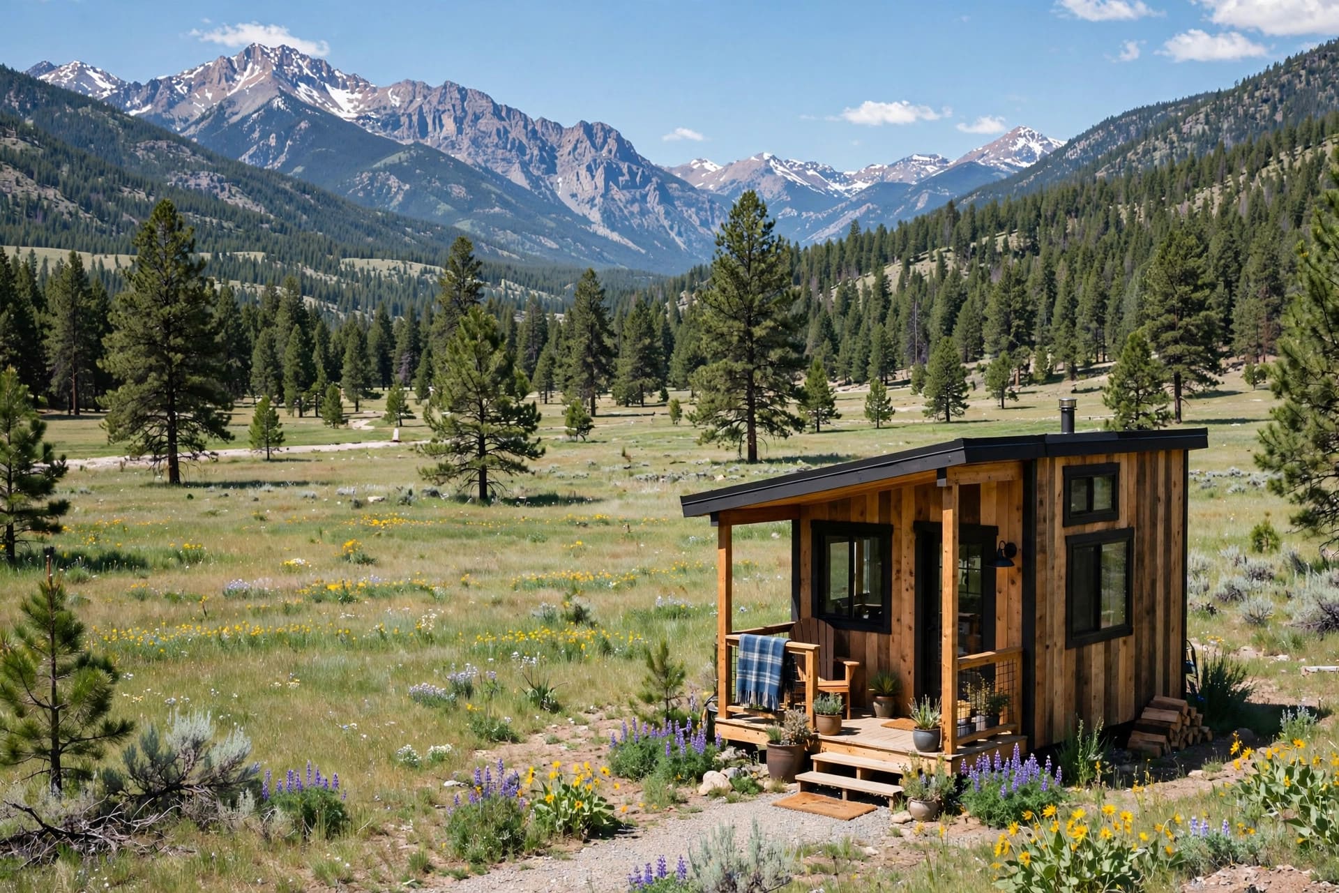 Tiny house laws in Idaho — a small cabin-style tiny home on open Idaho land