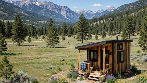 Tiny house laws in Idaho — a small cabin-style tiny home on open Idaho land