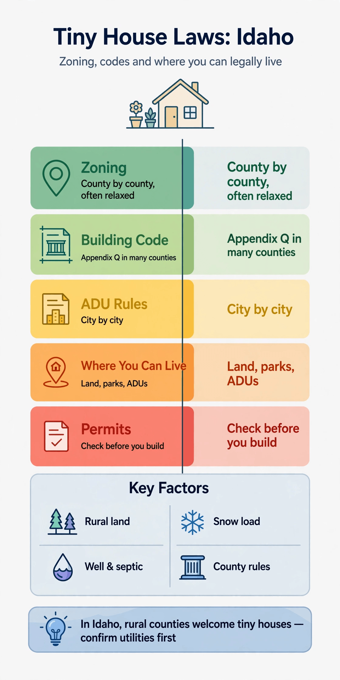 Tiny house laws in Idaho — infographic summary of zoning, building codes and legal places to live