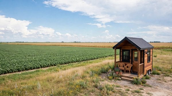 Tiny house laws in Illinois — a compact tiny home on a tree-lined Illinois lot