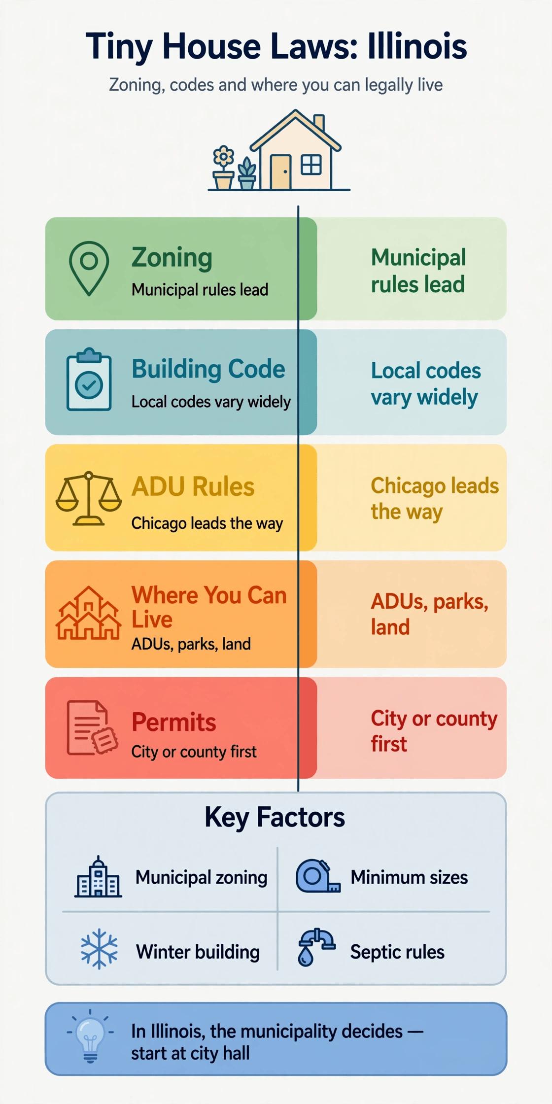 Tiny house laws in Illinois — infographic summary of zoning, building codes and legal places to live