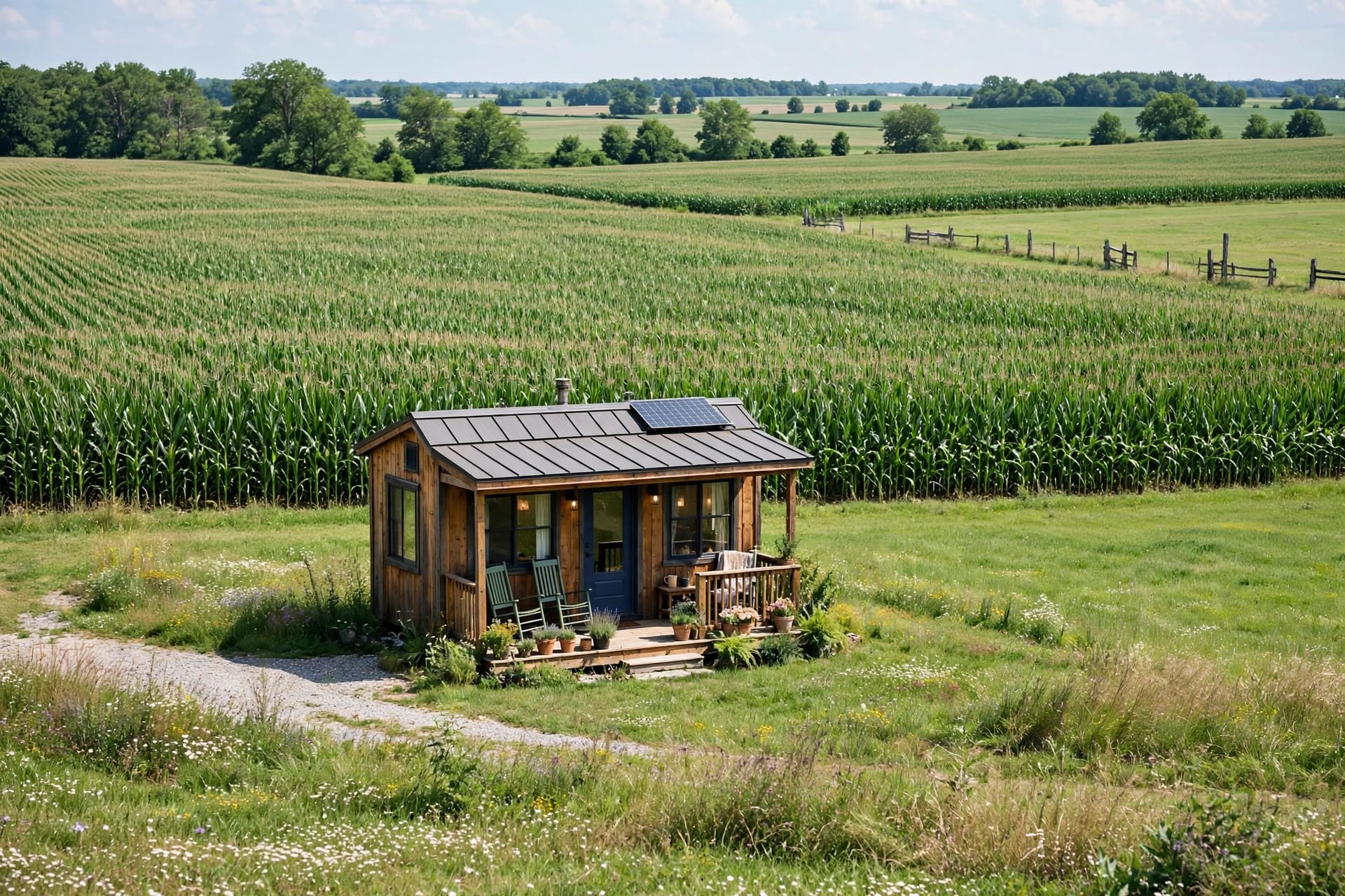 Tiny house laws in Indiana — a small farmhouse-style tiny home on Indiana farmland