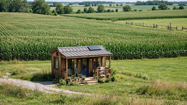 Tiny house laws in Indiana — a small farmhouse-style tiny home on Indiana farmland