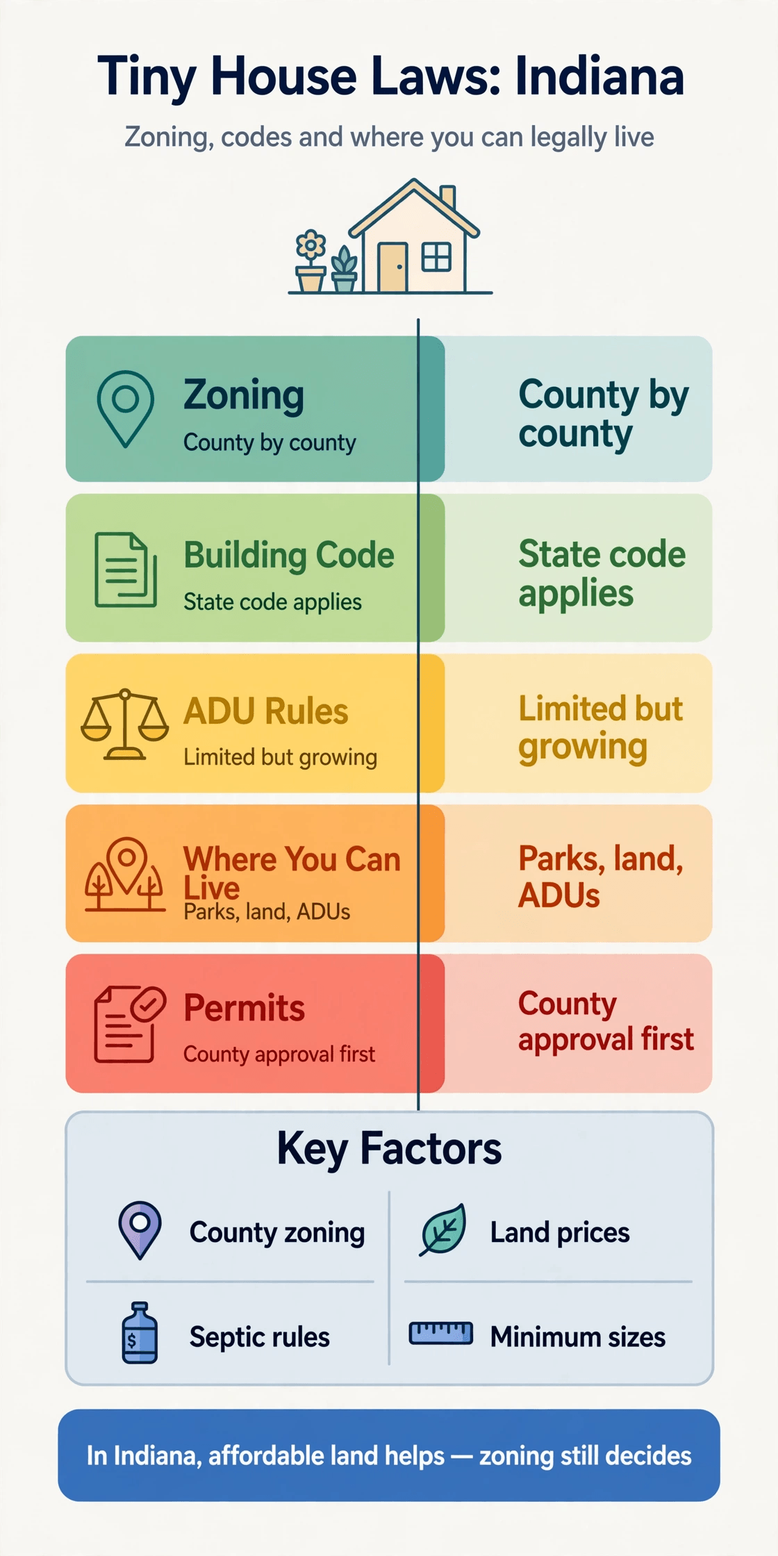 Tiny house laws in Indiana — infographic summary of zoning, building codes and legal places to live