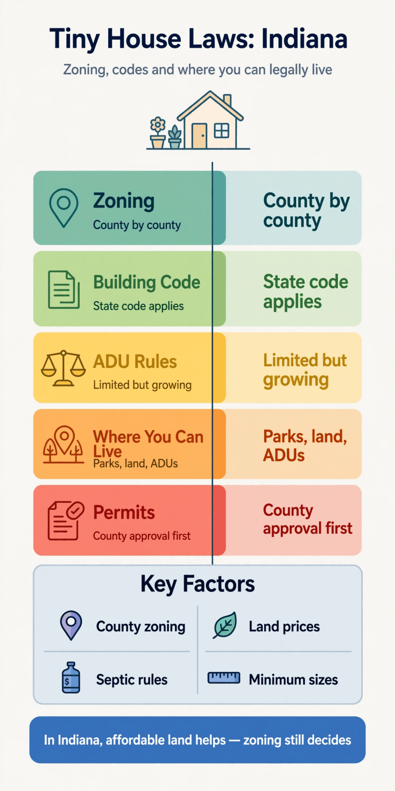 Tiny house laws in Indiana — infographic summary of zoning, building codes and legal places to live