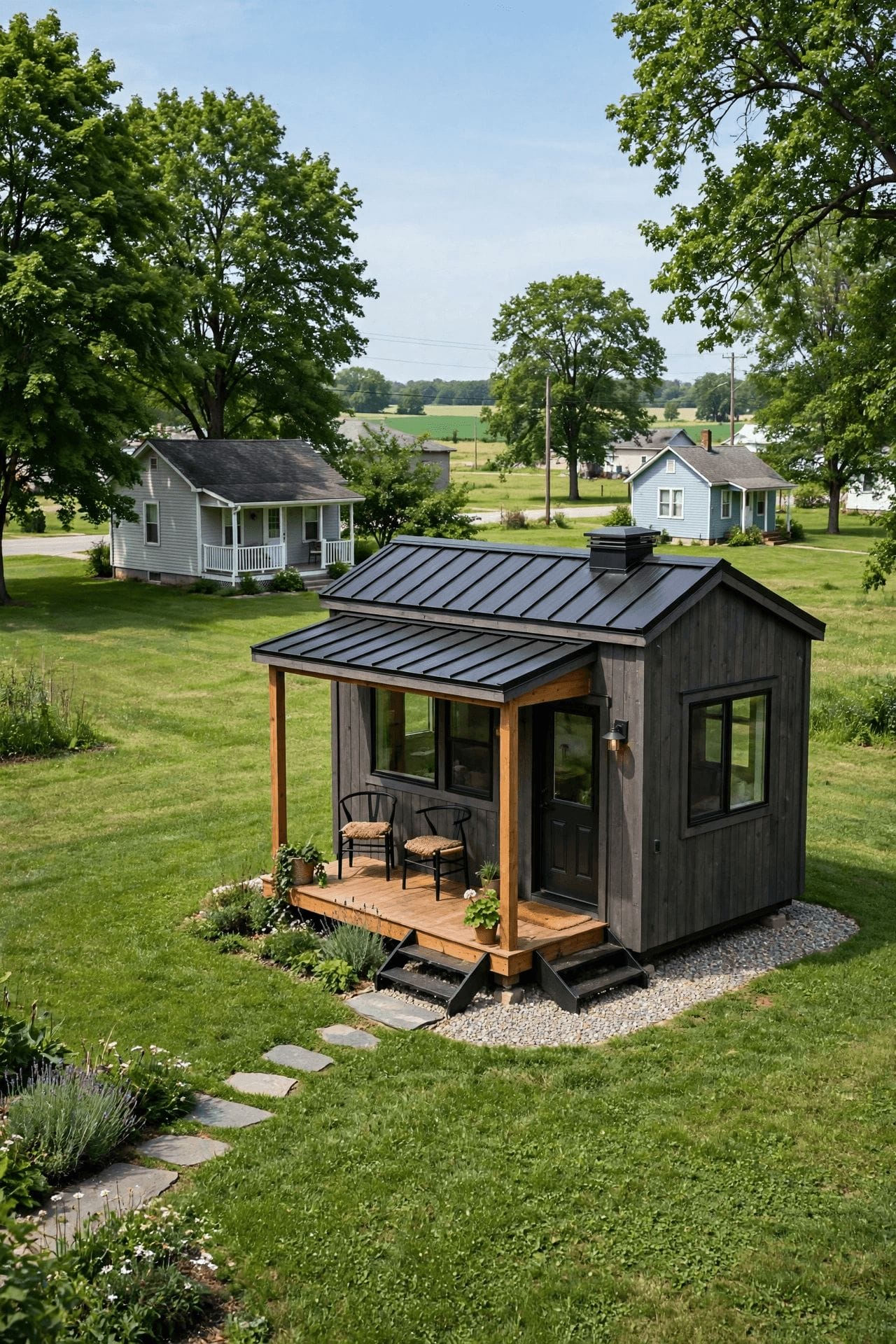 Tiny house laws in Indiana — tiny house beside a cornfield on affordable Indiana land