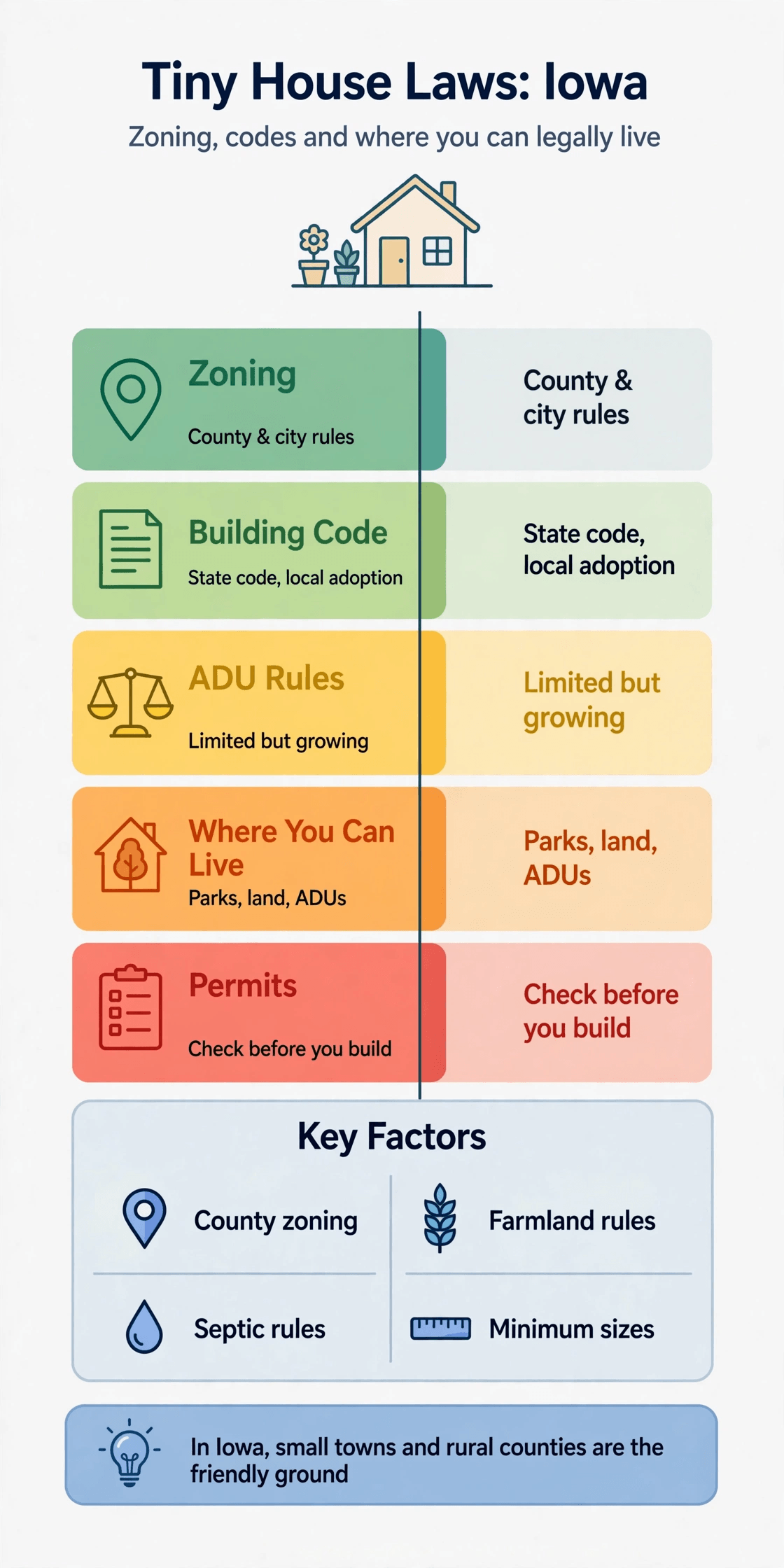 Tiny house laws in Iowa — infographic summary of zoning, building codes and legal places to live