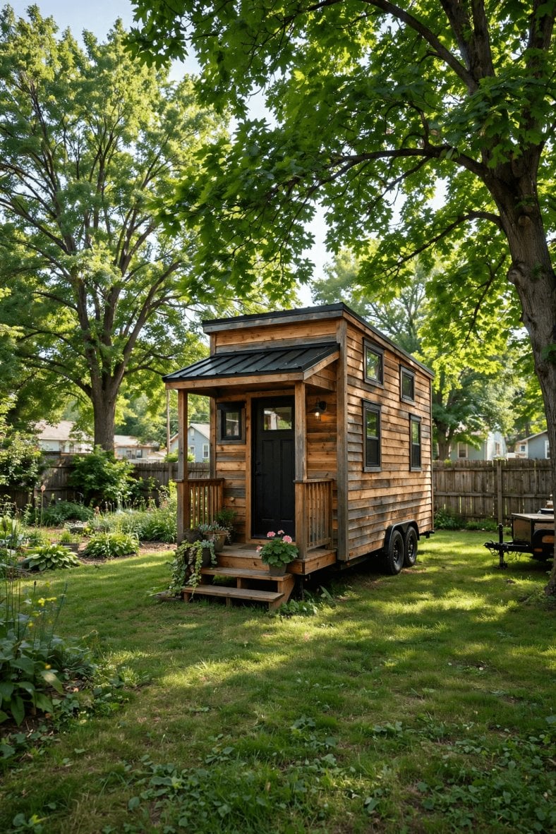 Tiny house laws in Iowa — tiny house on a farm lane beside Iowa cornfields