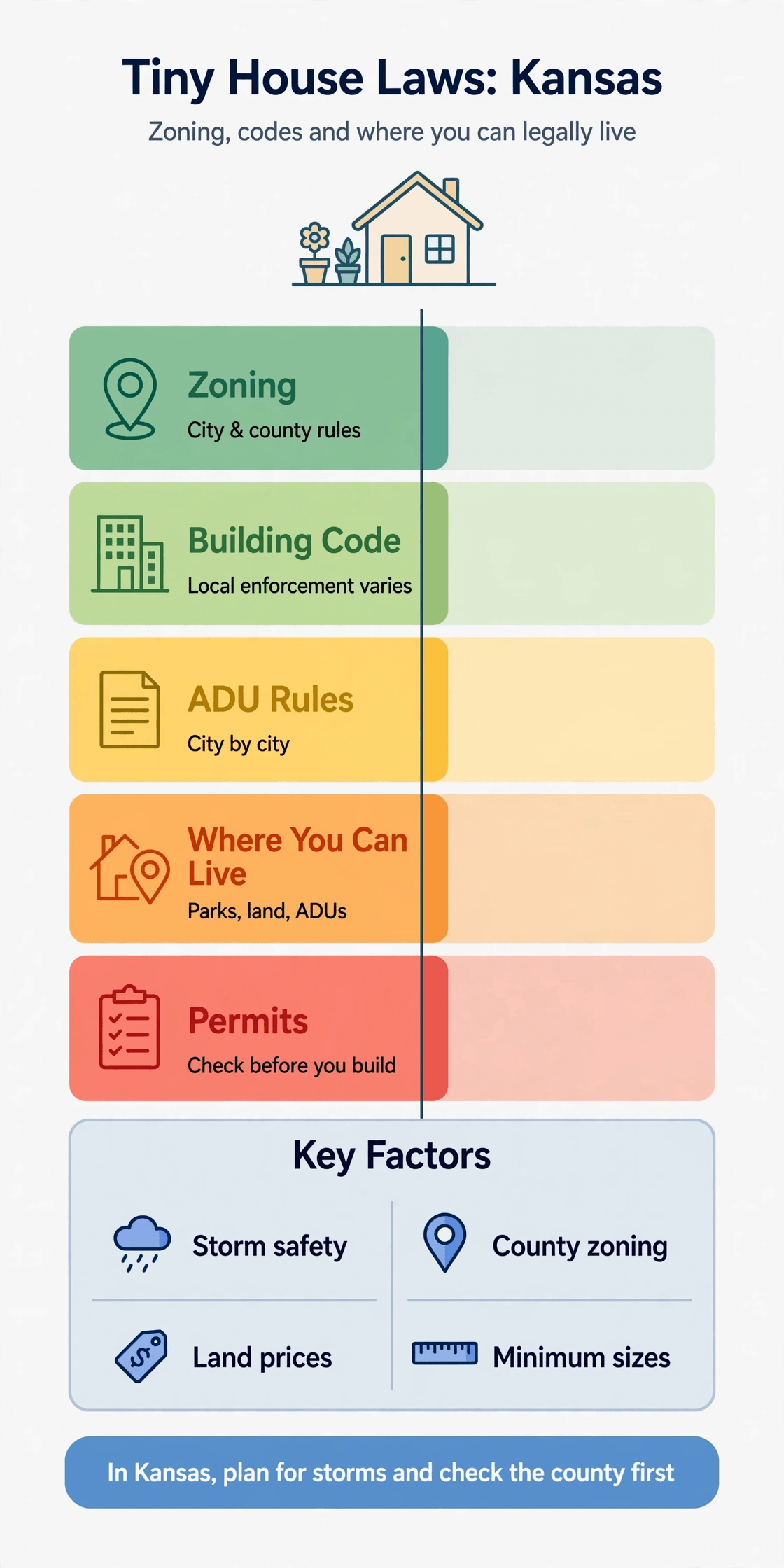 Tiny house laws in Kansas — infographic summary of zoning, building codes and legal places to live