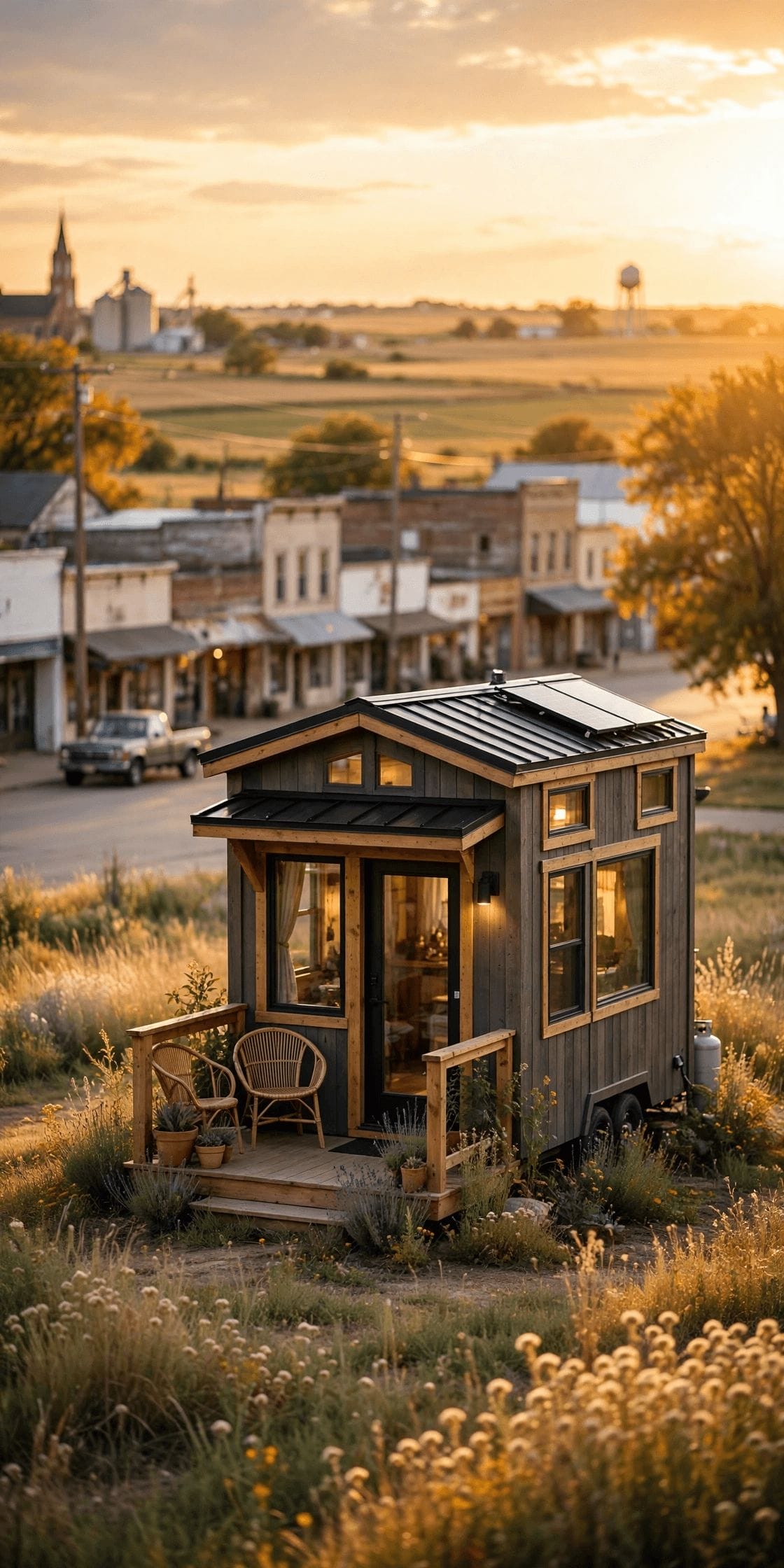 Tiny house laws in Kansas — tiny house on open prairie land under a wide sky