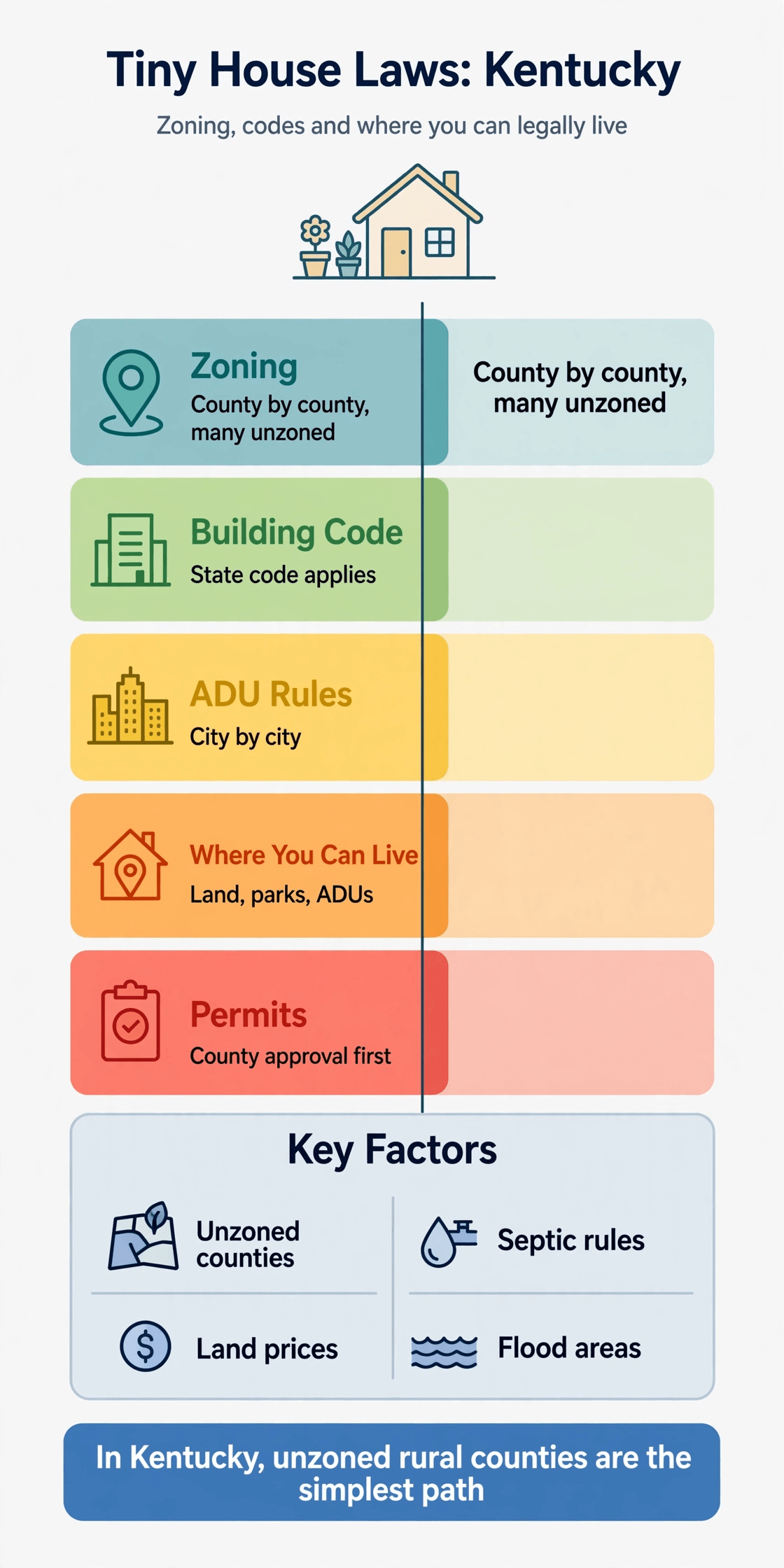 Tiny house laws in Kentucky — infographic summary of zoning, building codes and legal places to live