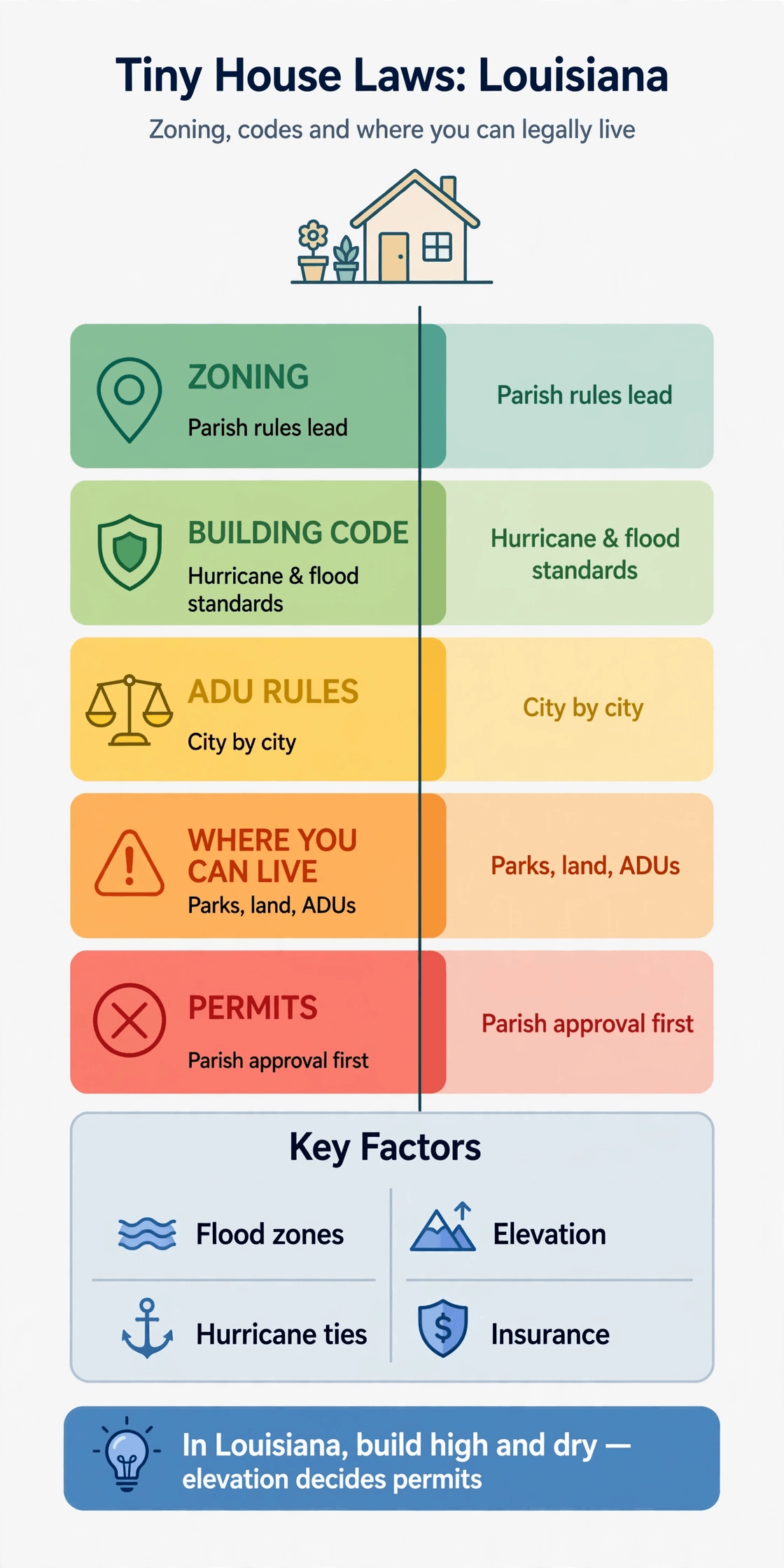 Tiny house laws in Louisiana — infographic summary of zoning, building codes and legal places to live