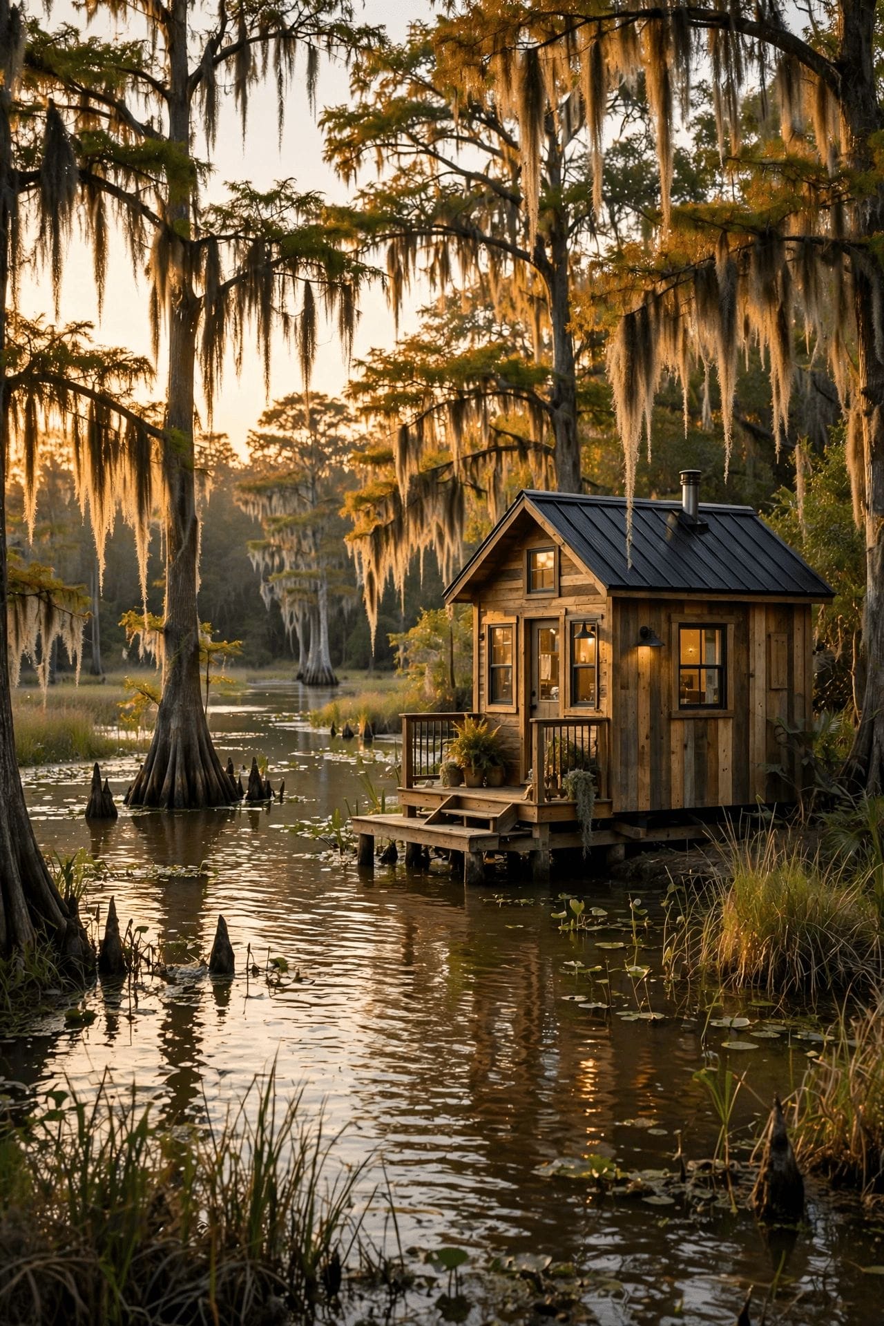 Tiny house laws in Louisiana — tiny house raised on piers above flood-prone ground