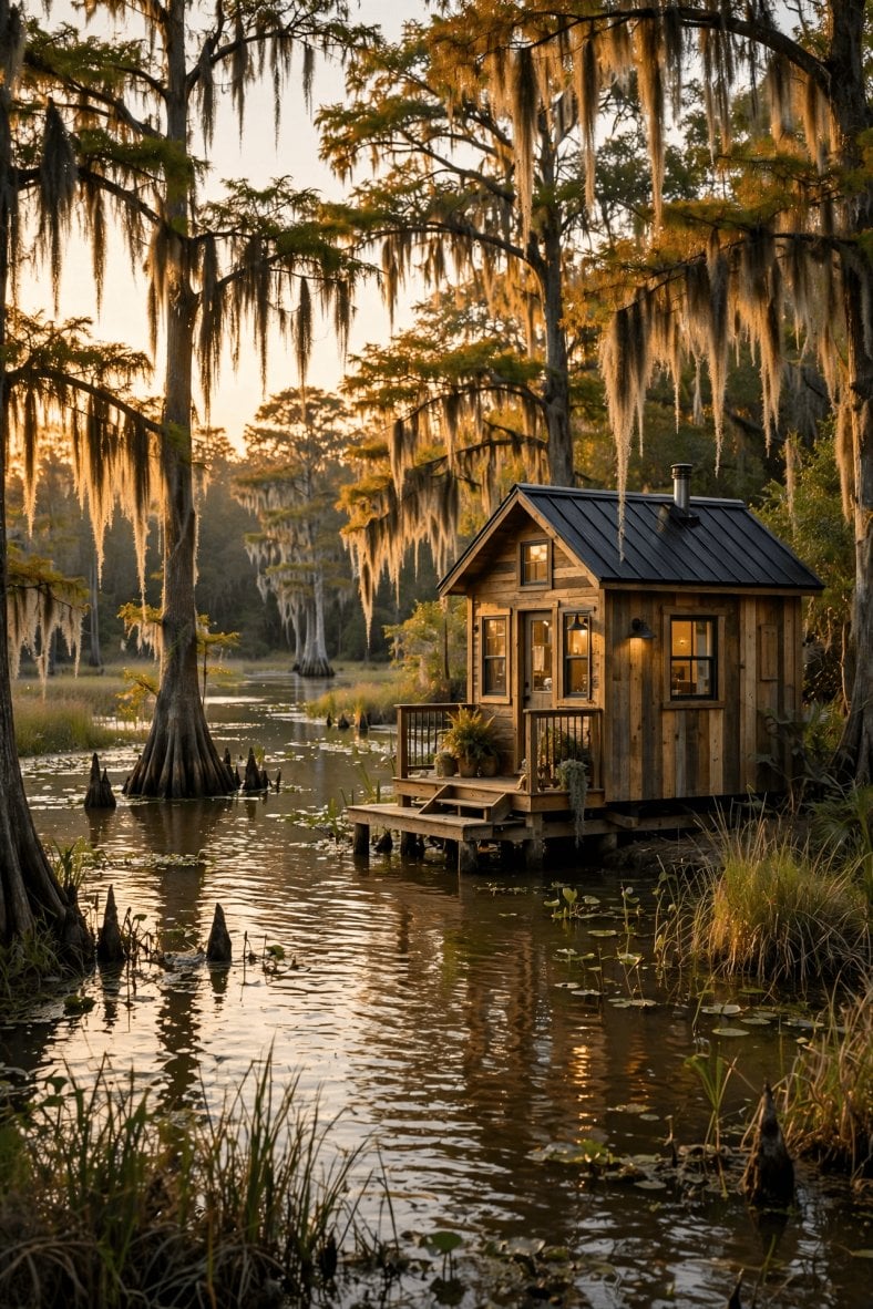 Tiny house laws in Louisiana — tiny house raised on piers above flood-prone ground