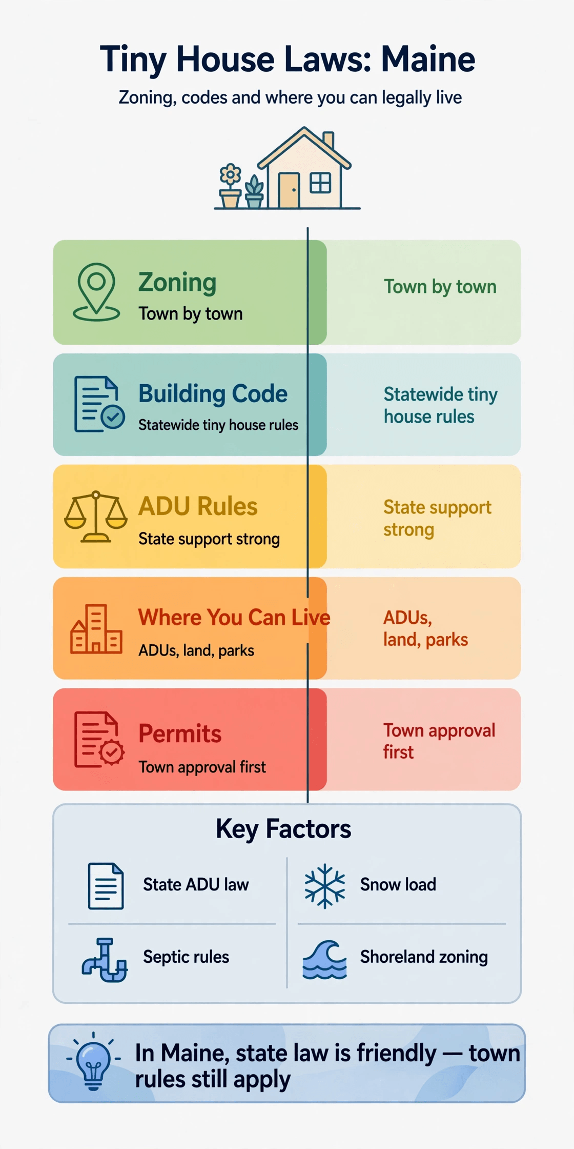 Tiny house laws in Maine — infographic summary of zoning, building codes and legal places to live