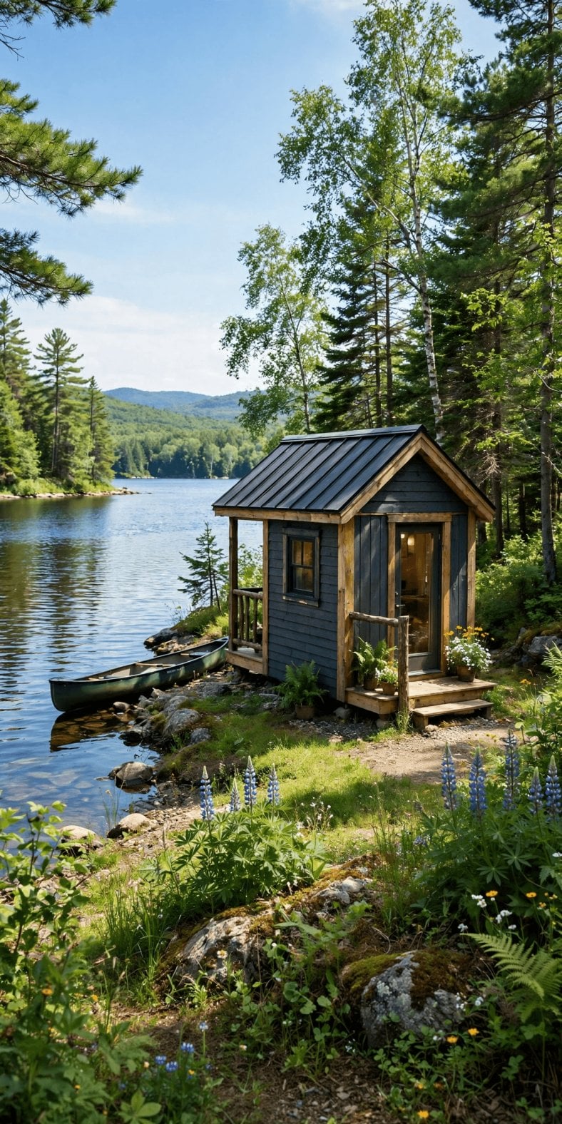 Tiny house laws in Maine — tiny house in a snowy Maine pine forest
