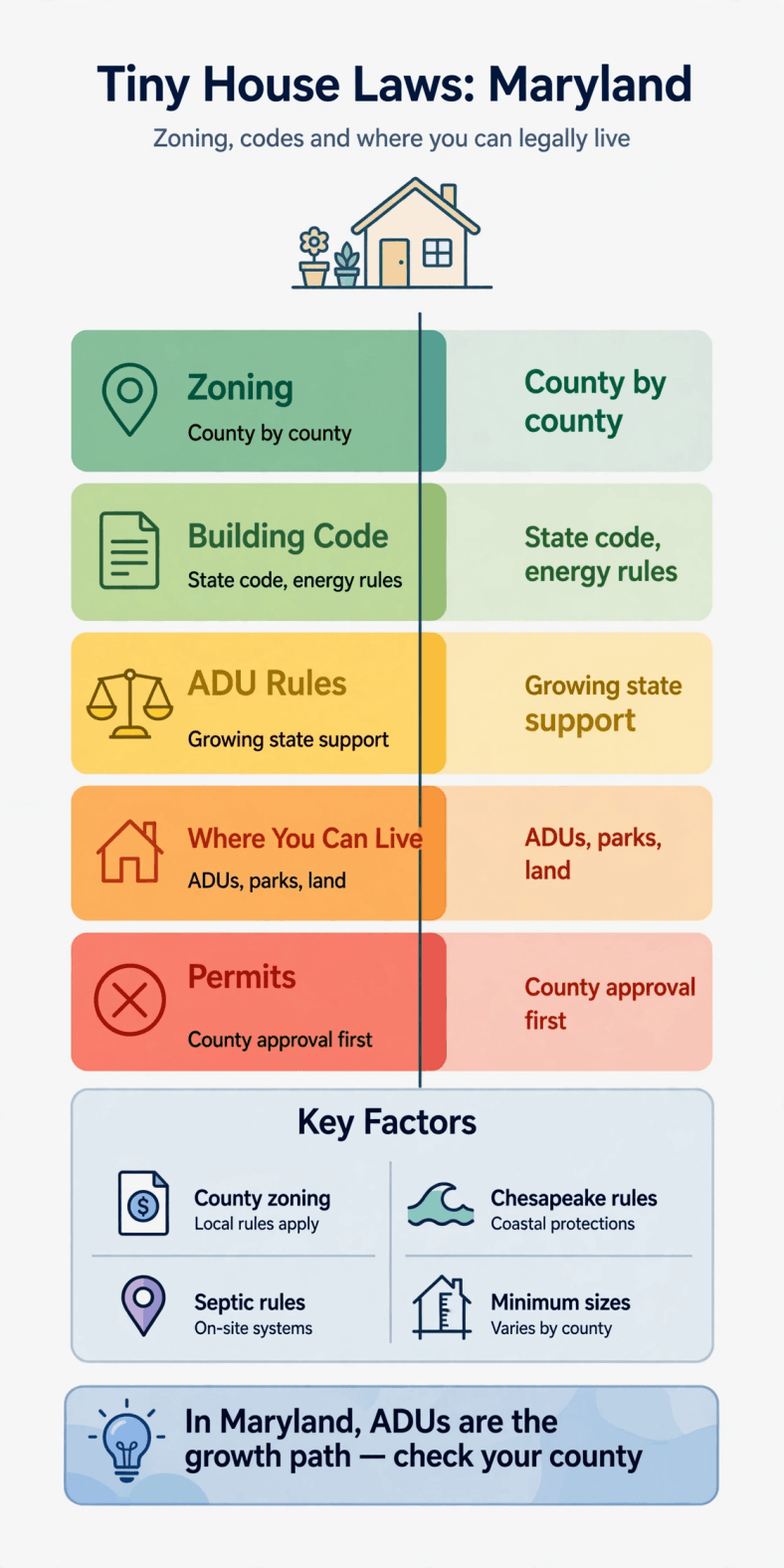 Tiny house laws in Maryland — infographic summarizing Maryland zoning, building codes, ADU routes and permits