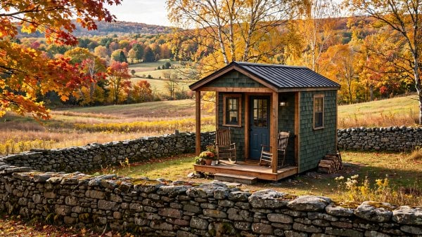 Tiny house laws in Massachusetts — featured image of a tiny house in a Massachusetts setting