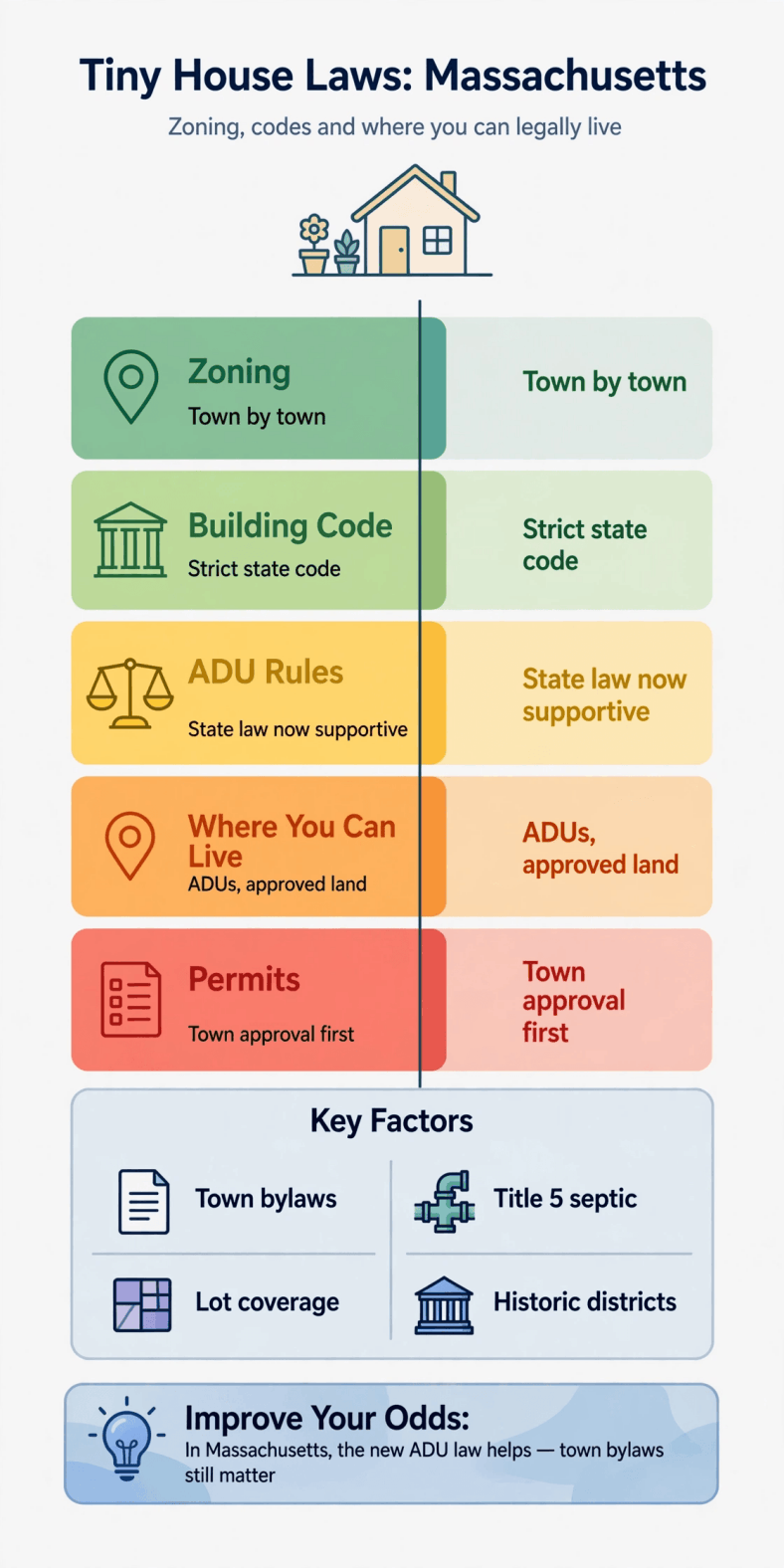 Tiny house laws in Massachusetts — infographic summarizing Massachusetts town bylaws, building codes, ADU routes and permits