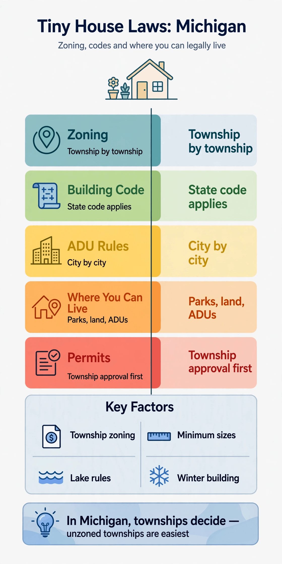Tiny house laws in Michigan — infographic summarizing Michigan township zoning, building codes, ADU routes and permits