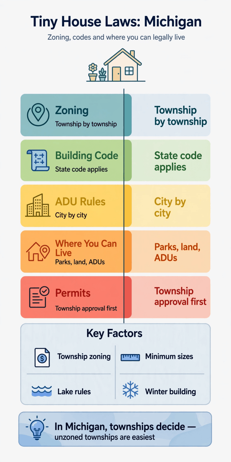 Tiny house laws in Michigan — infographic summarizing Michigan township zoning, building codes, ADU routes and permits