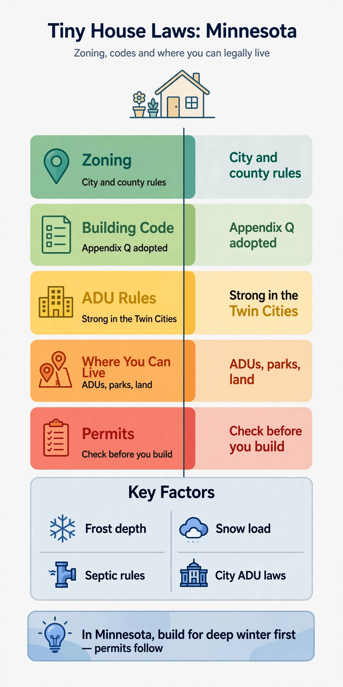 Tiny house laws in Minnesota — infographic summarizing Minnesota zoning, building codes, ADU routes and permits