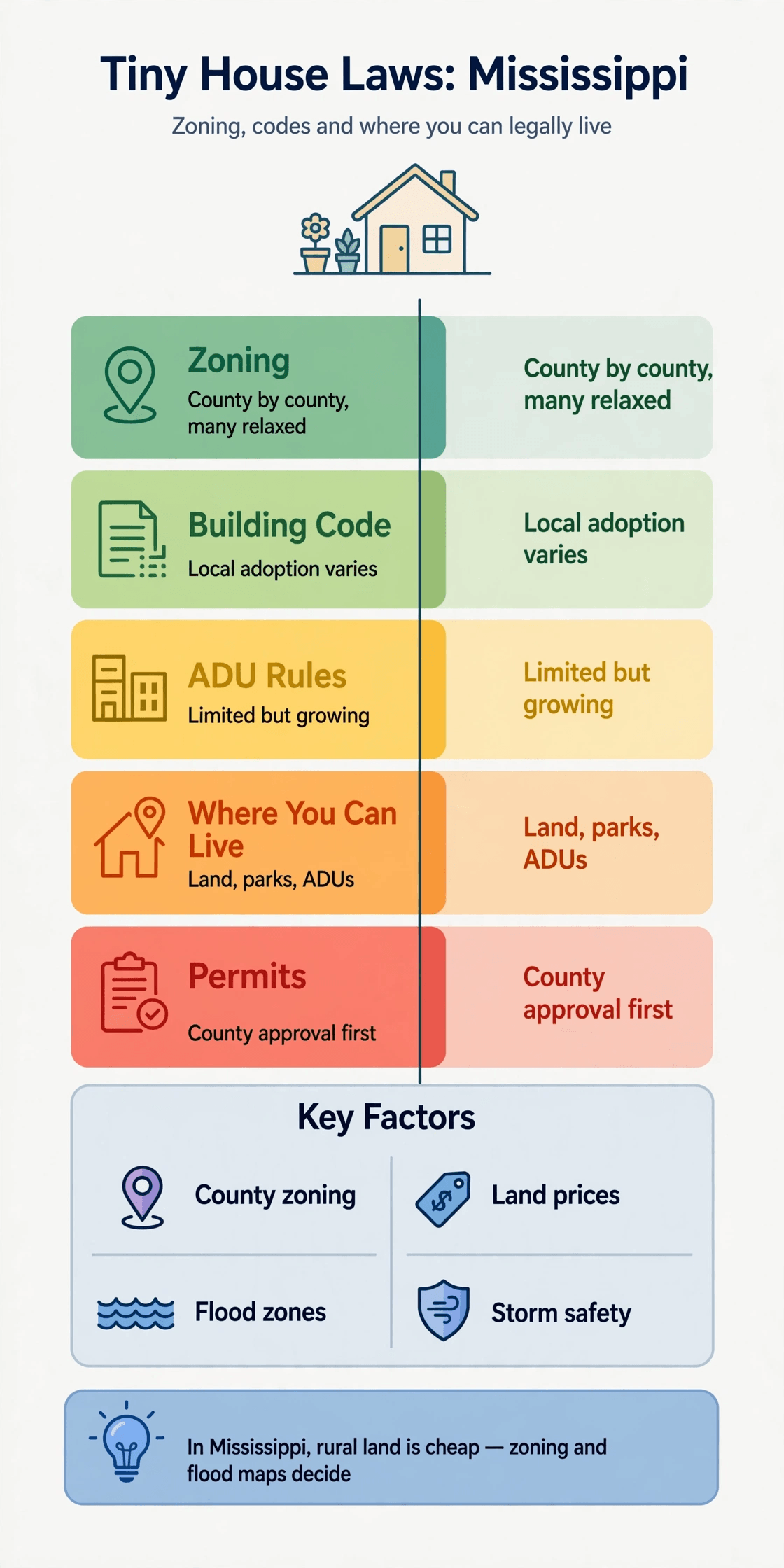 Tiny house laws in Mississippi — infographic summarizing Mississippi county zoning, building codes, ADU routes and permits