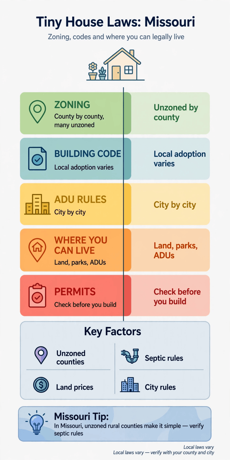 Tiny house laws in Missouri — infographic summarizing Missouri zoning, building codes, ADU routes and permits