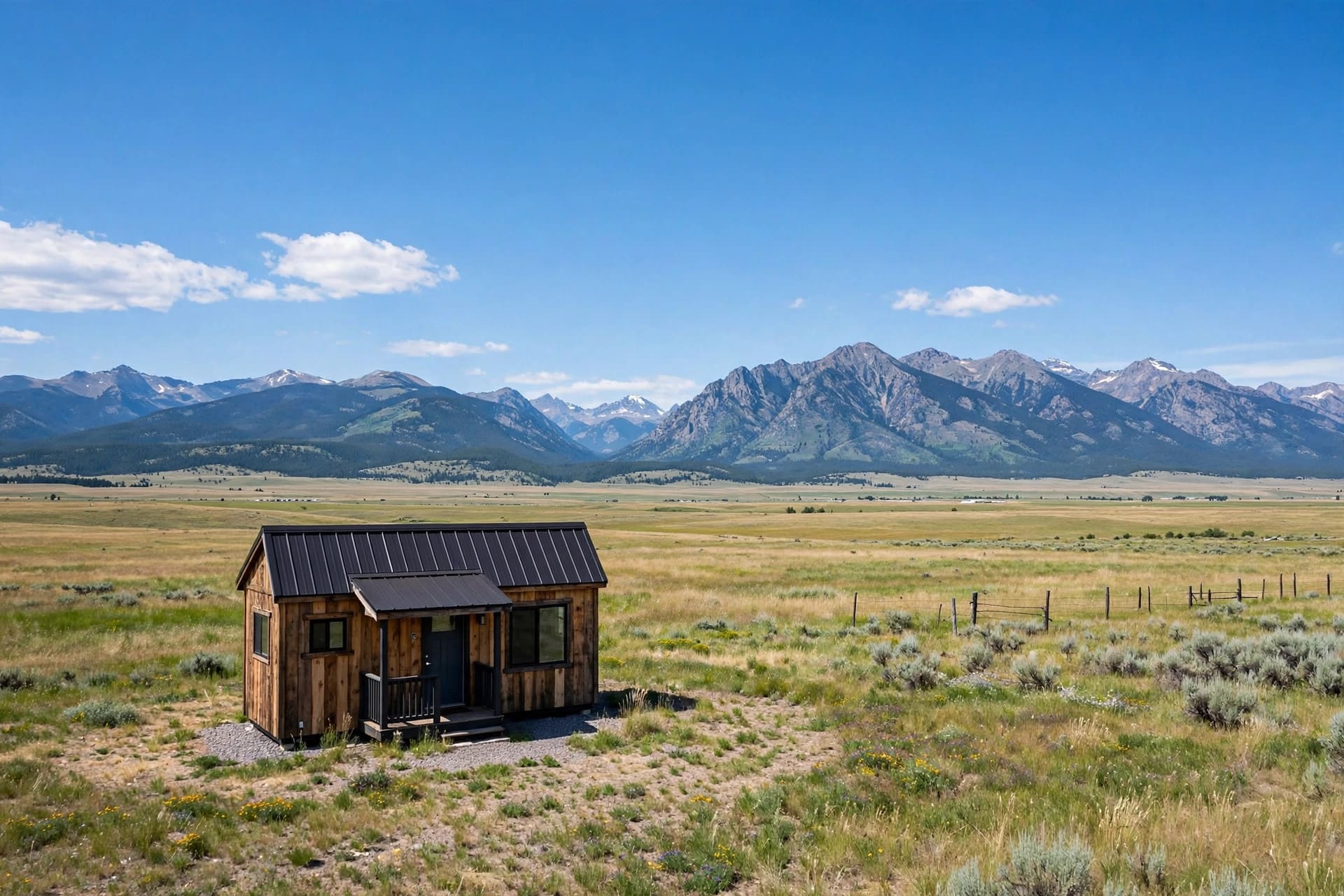 Tiny house laws in Montana — featured image of a tiny house in a Montana setting