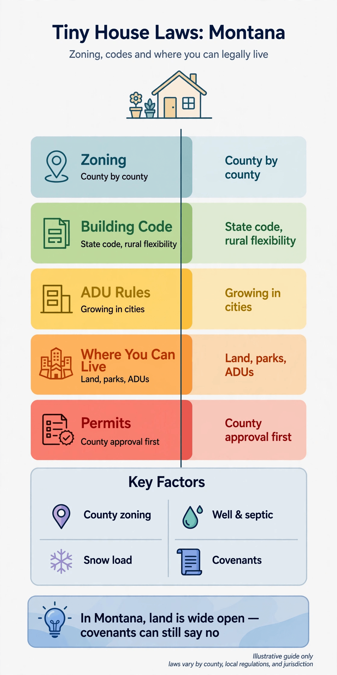 Tiny house laws in Montana — infographic summarizing Montana zoning, building codes, ADU routes and permits