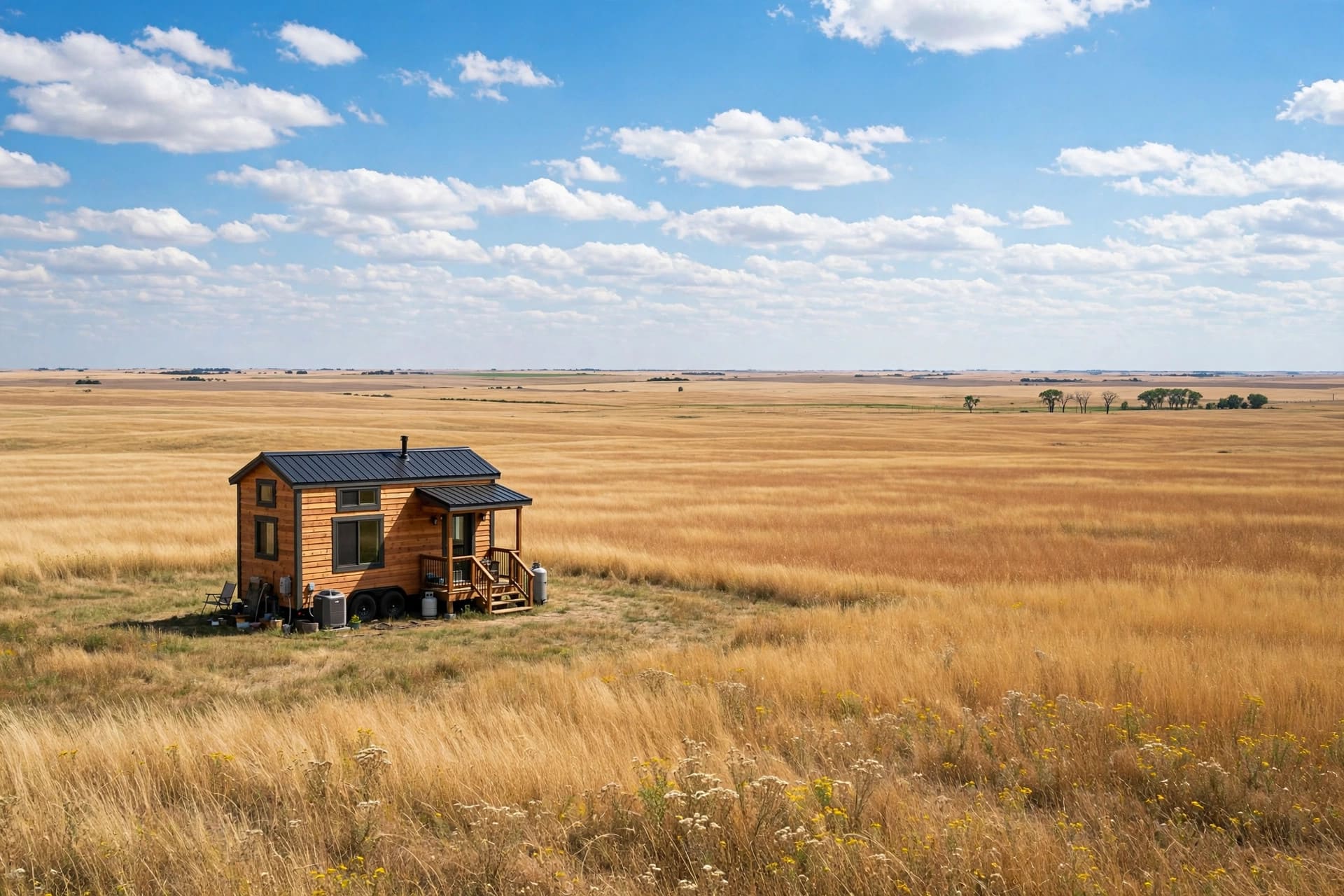 Tiny house laws in Nebraska — featured image of a tiny house in a Nebraska setting