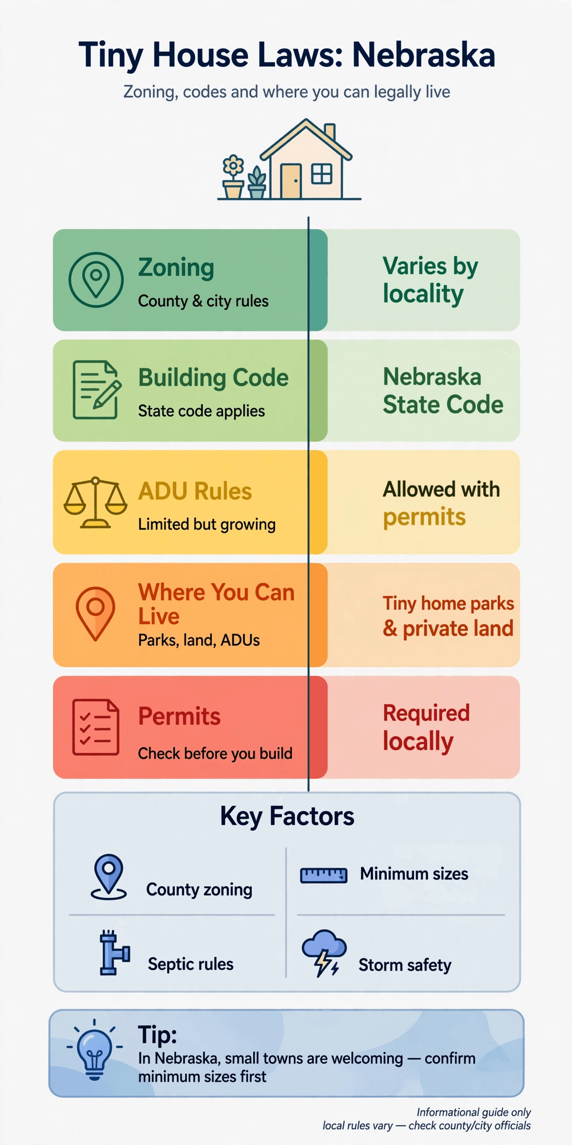 Tiny house laws in Nebraska — infographic summarizing Nebraska zoning, building codes, ADU routes and permits
