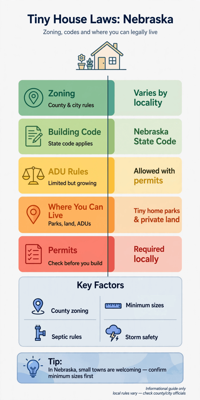 Tiny house laws in Nebraska — infographic summarizing Nebraska zoning, building codes, ADU routes and permits