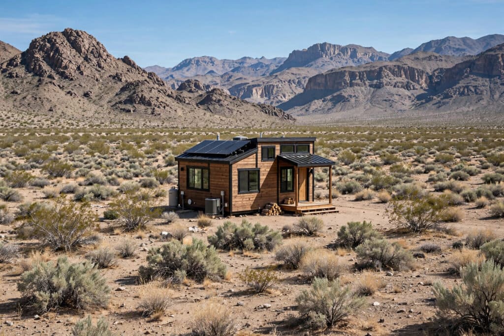 Tiny house laws in Nevada — featured image of a tiny house in a Nevada setting