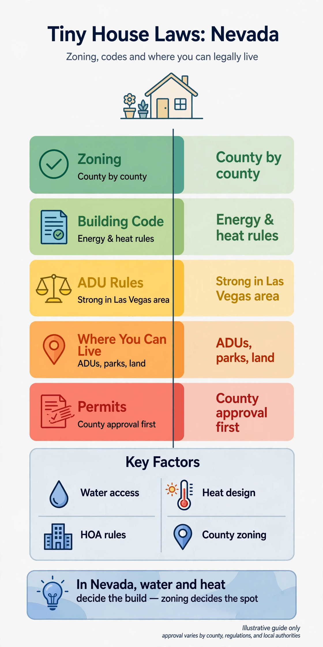 Tiny house laws in Nevada — infographic summarizing Nevada zoning, building codes, ADU routes and permits