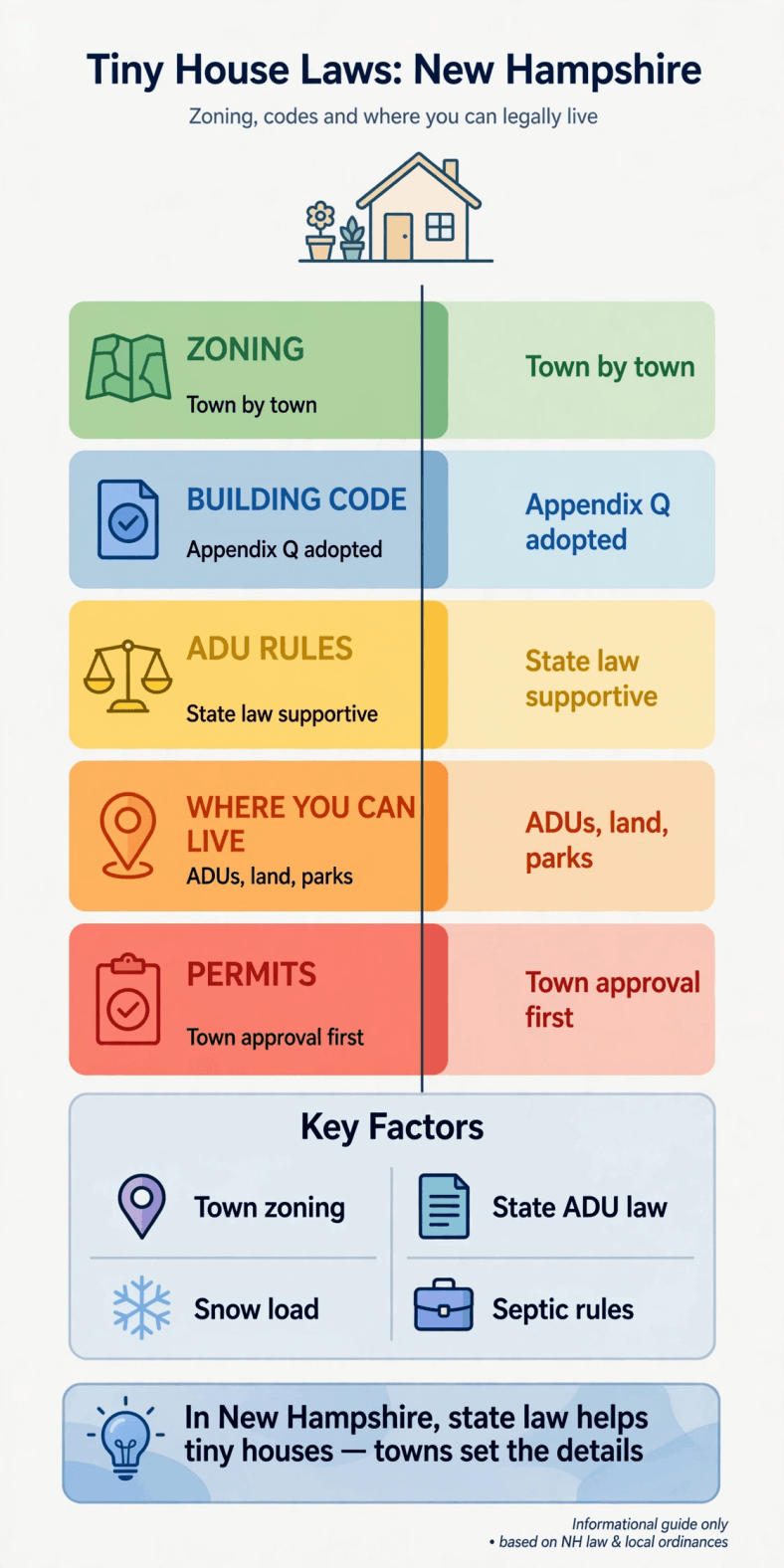 Tiny house laws in New Hampshire — infographic summarizing New Hampshire zoning, building codes, ADU routes and permits