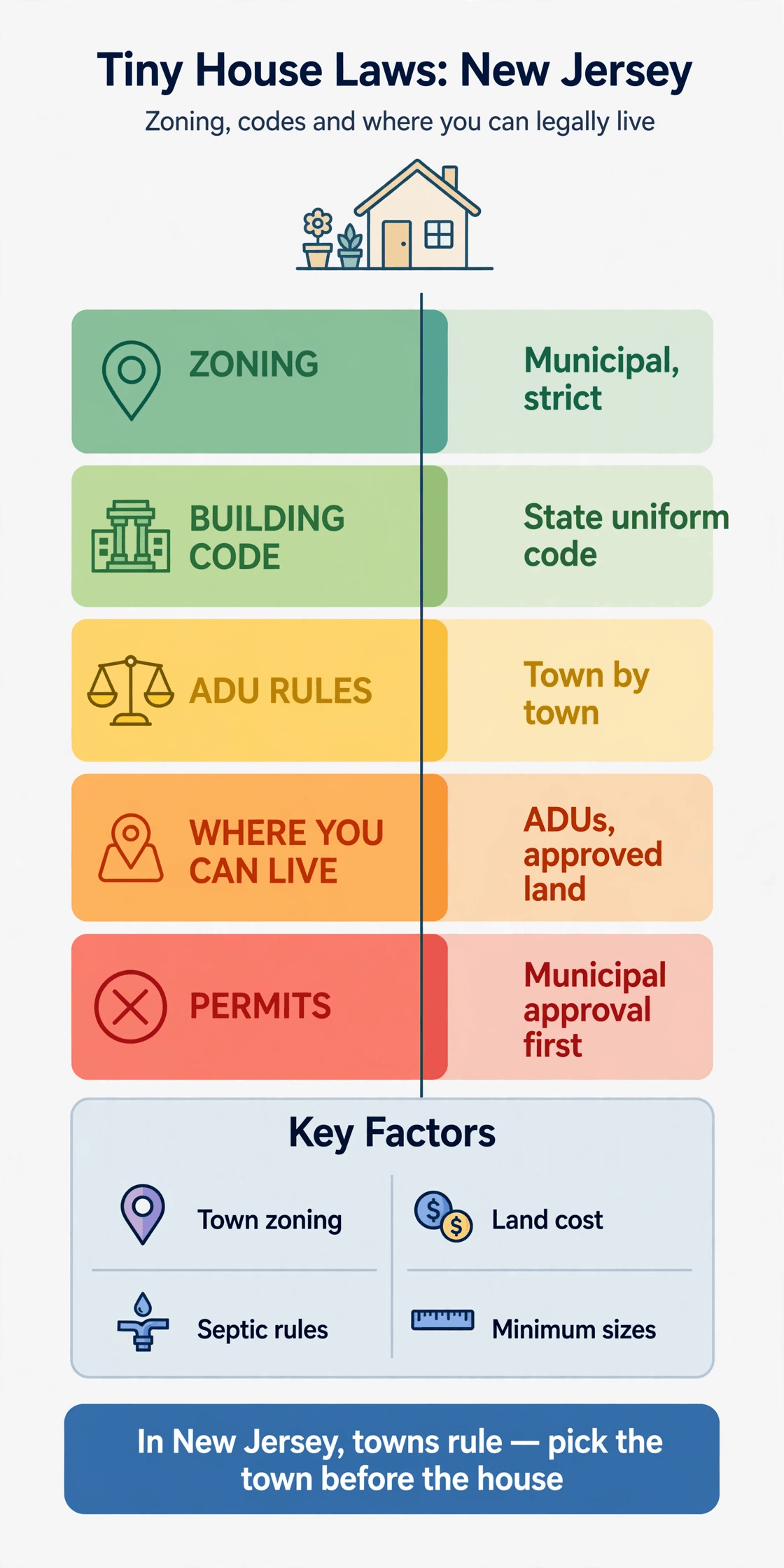 Tiny house laws in New Jersey — infographic summarizing New Jersey zoning, building codes, ADU routes and permits