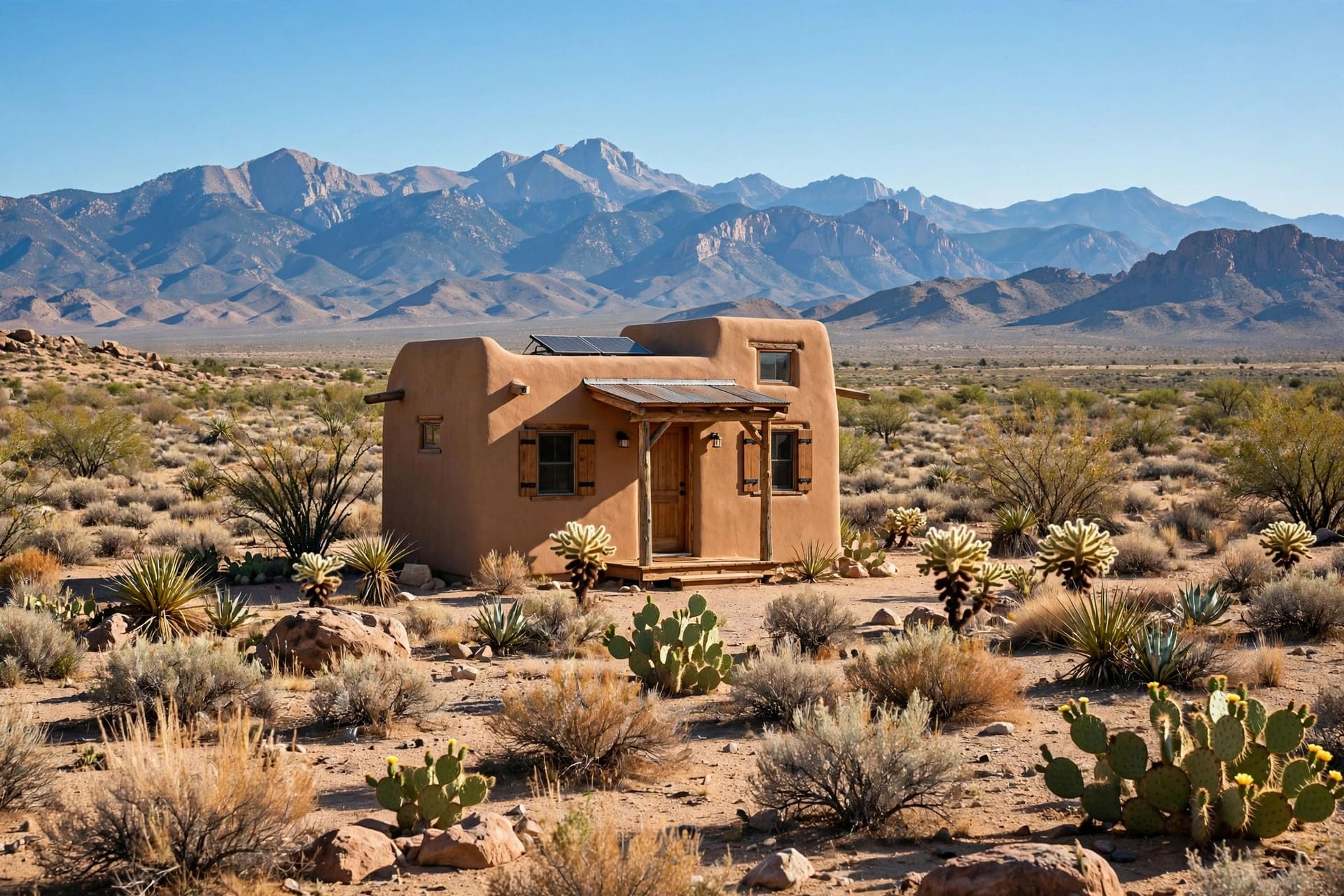 Tiny house laws in New Mexico — featured image of a tiny house in a New Mexico high-desert setting