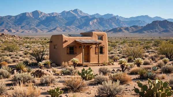 Tiny house laws in New Mexico — featured image of a tiny house in a New Mexico high-desert setting