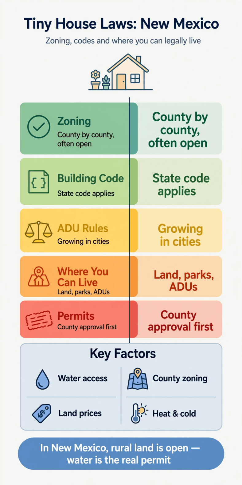 Tiny house laws in New Mexico — infographic summarizing New Mexico zoning, county codes, water and permits