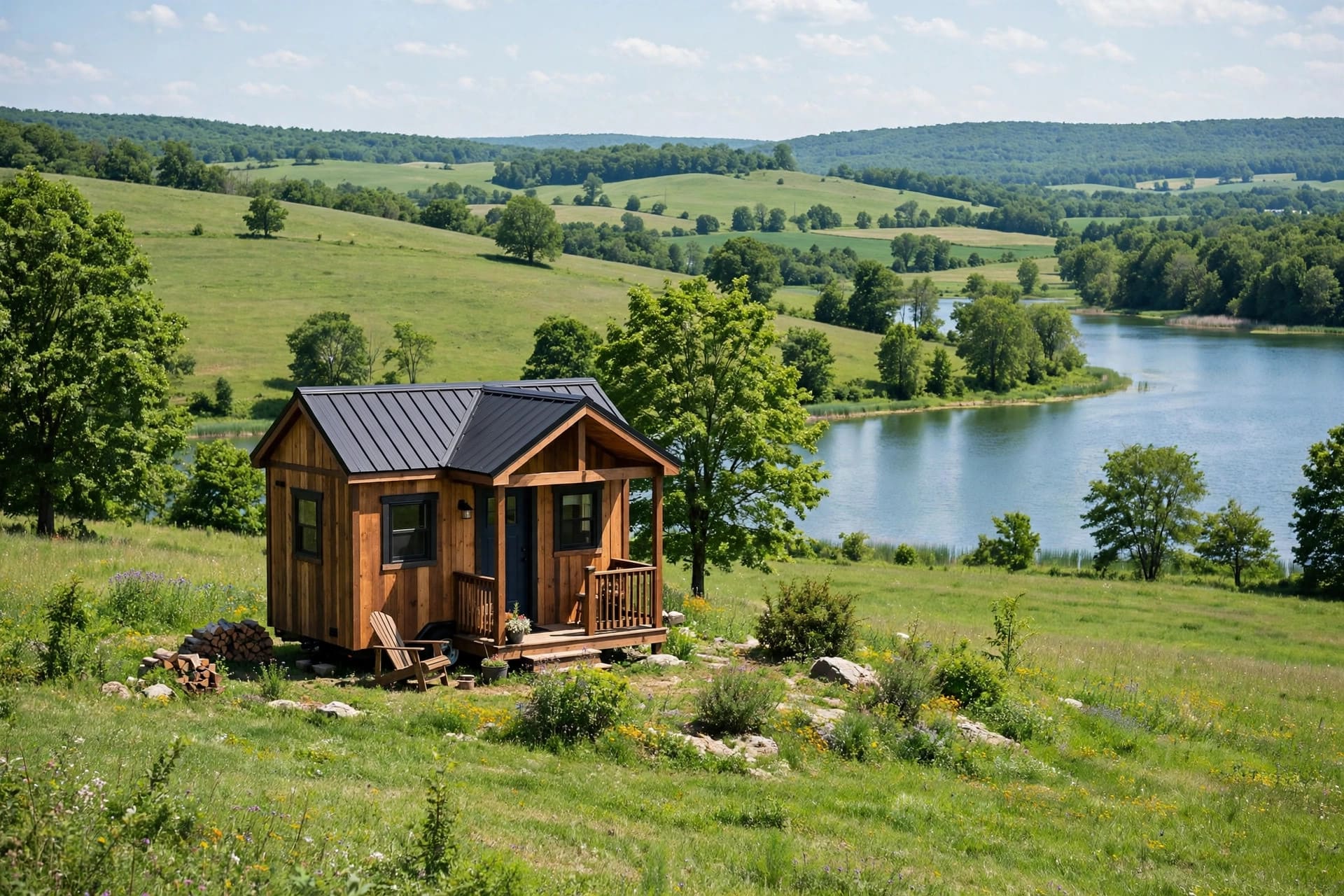 Tiny house laws in New York — featured image of a tiny house in an upstate New York setting