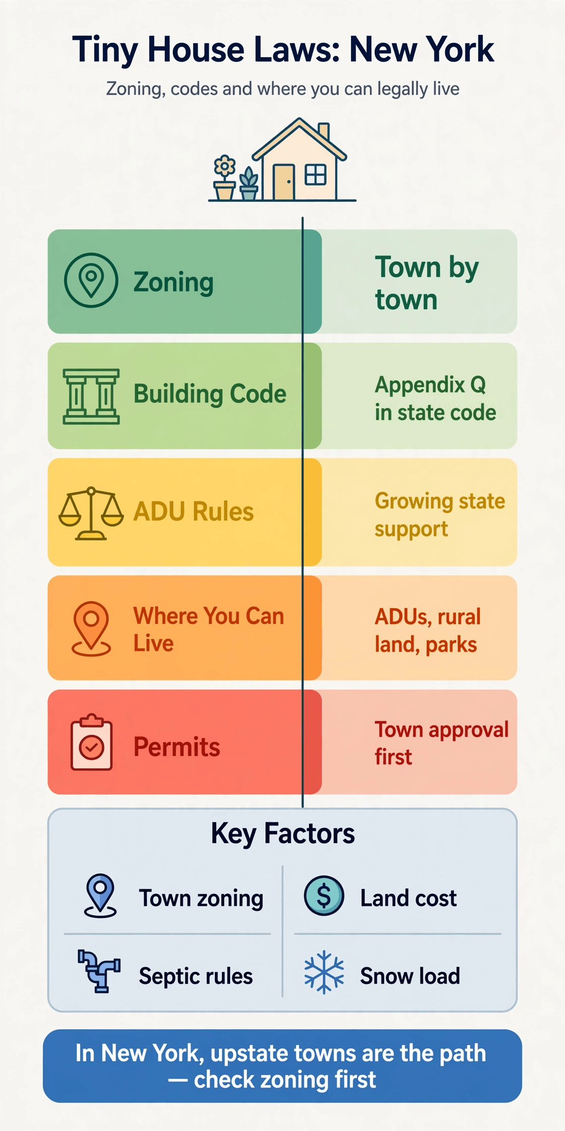 Tiny house laws in New York — infographic summarizing New York zoning, building codes, ADU routes and permits