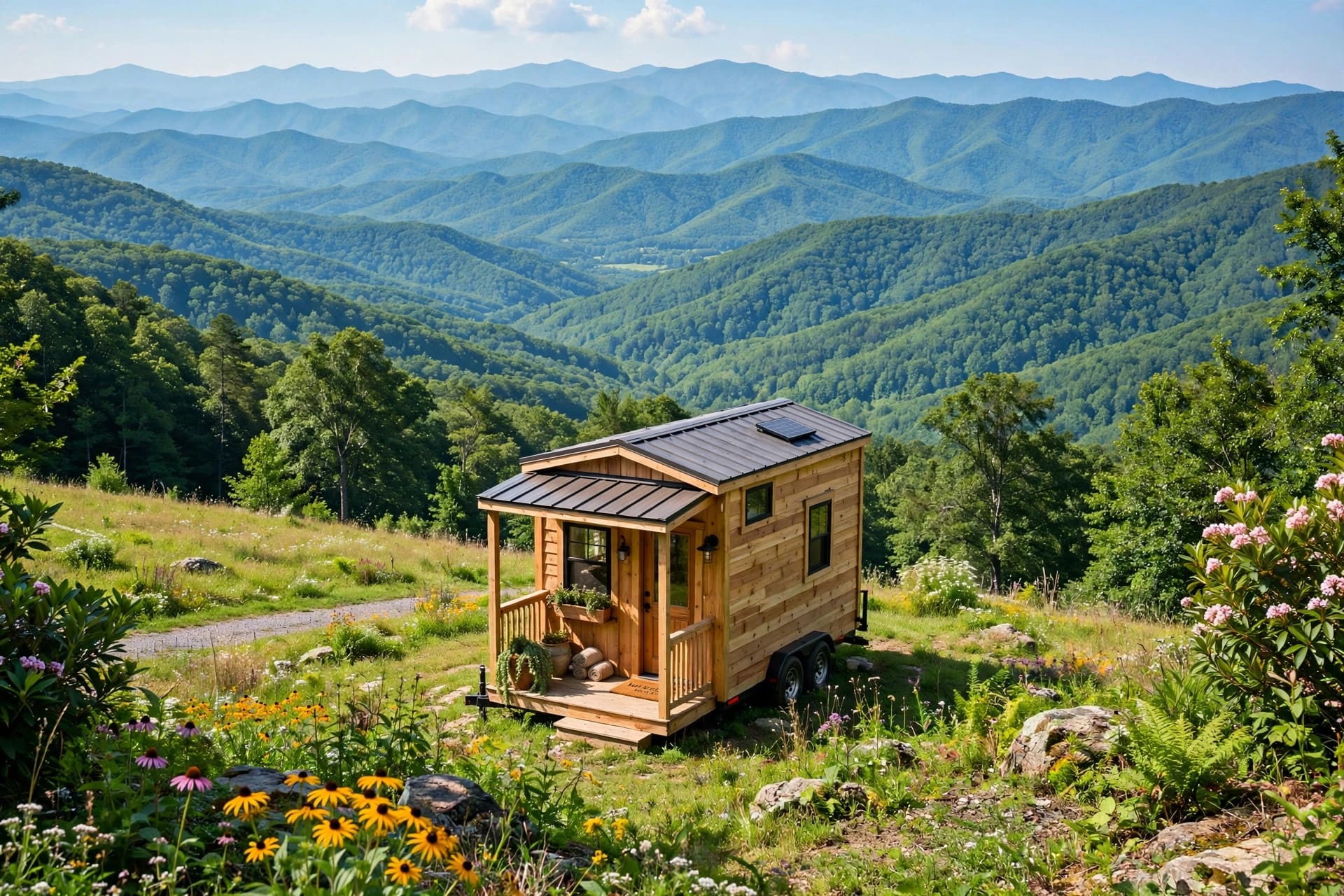 Tiny house laws in North Carolina — featured image of a tiny house in a North Carolina mountain setting