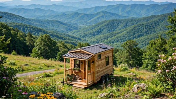 Tiny house laws in North Carolina — featured image of a tiny house in a North Carolina mountain setting