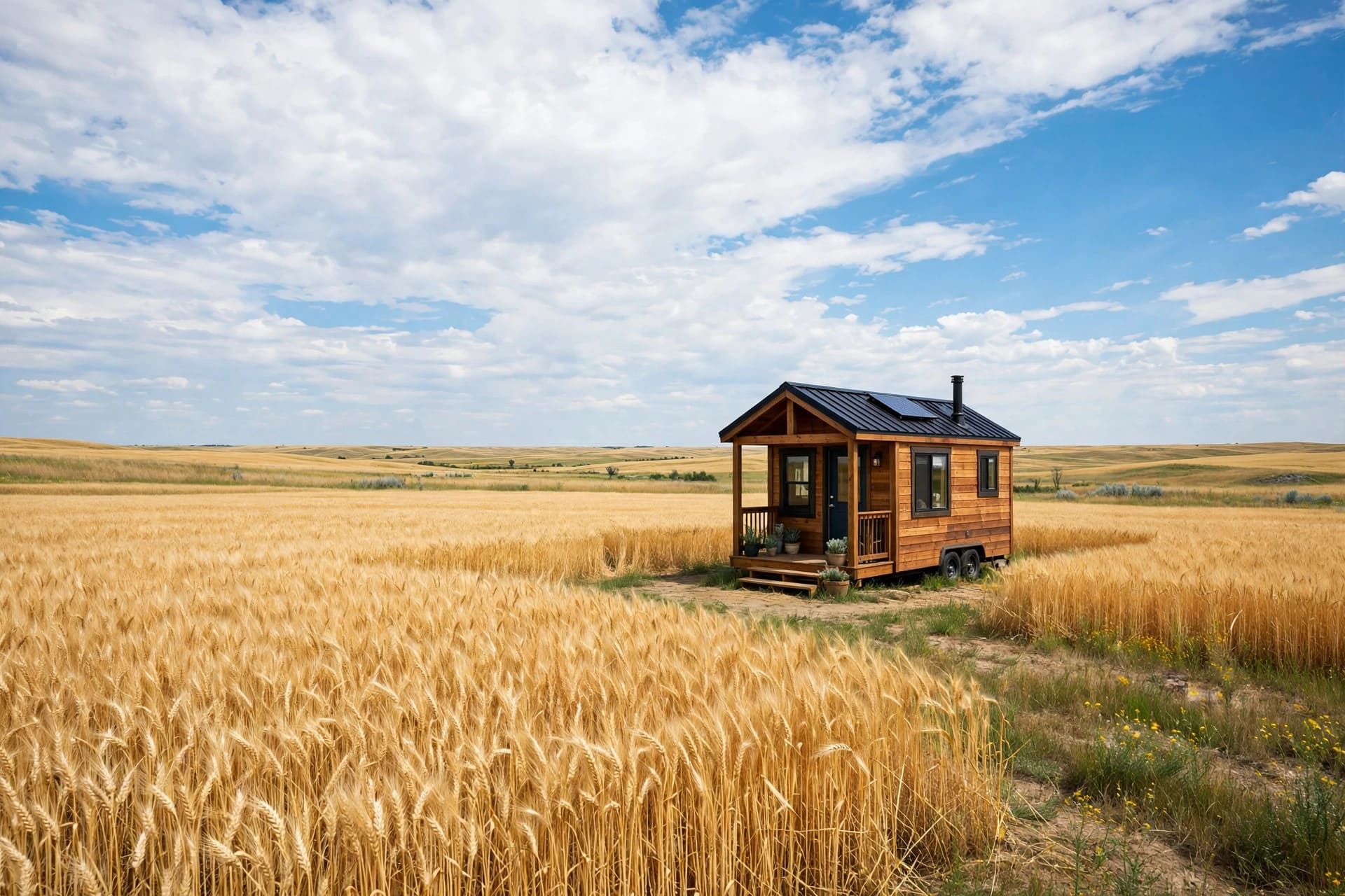 Tiny house laws in North Dakota — featured image of a tiny house on open North Dakota prairie